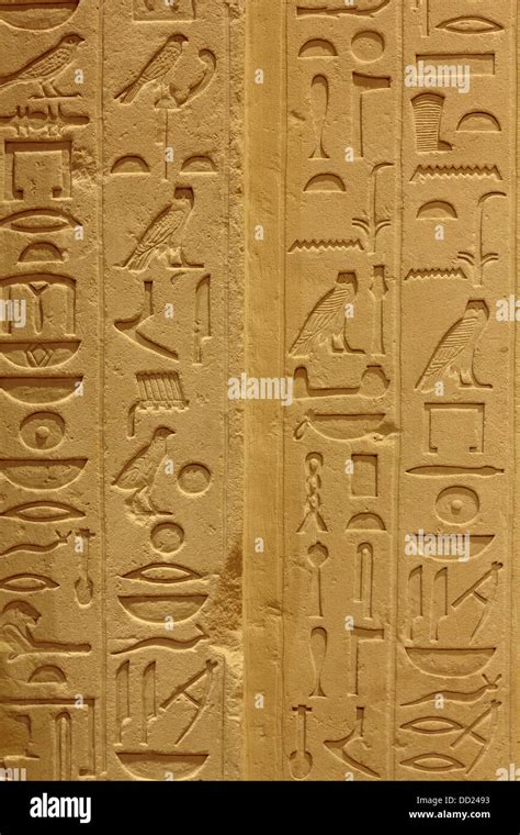 A closeup shot of Egyptian hieroglyphs from an ancient artifact preserved in Berlin Museum Stock ...