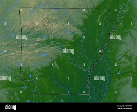 Arkansas, state of United States of America. Colored elevation map with lakes and rivers Stock ...