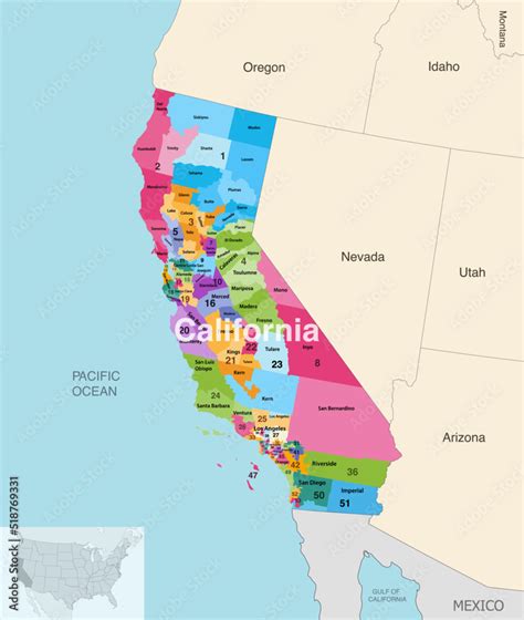 California's congressional districts (2013-2023) vector map with neighbouring states and ...