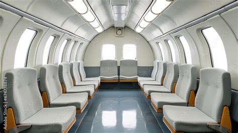 Realistic bright, ultra-modern airplane interior. The plane is inside ...