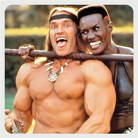 @HistoryInPix : Arnold Schwarzenegger and Grace Jones on the set of "Conan the Destroyer." https ...