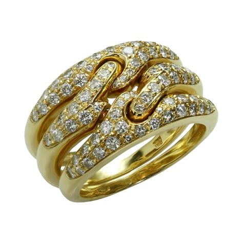 Bulgari Diamond 3-Row Flexible Yellow Gold Ring For Sale at 1stDibs