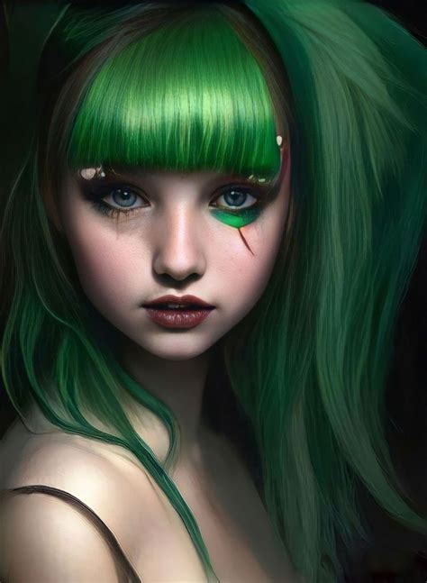 Portrait of Girl with green hair and with cute face,...