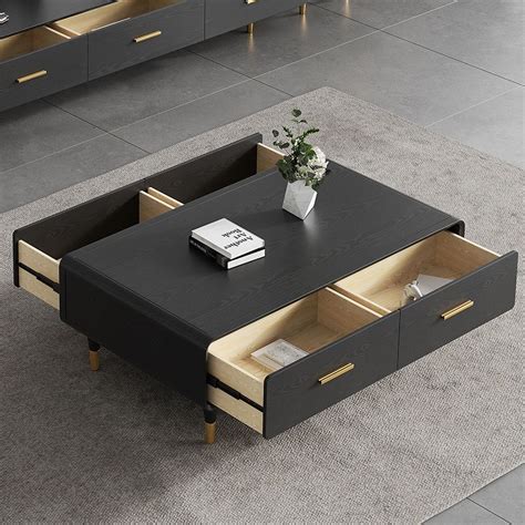 Modern Black Coffee Table with Storage Rectangular Coffee Table with 4-Drawer