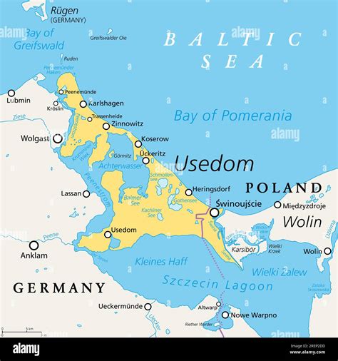 Usedom, Baltic Sea island in Pomerania, political map. Nicknamed Sun Island. Most populous ...