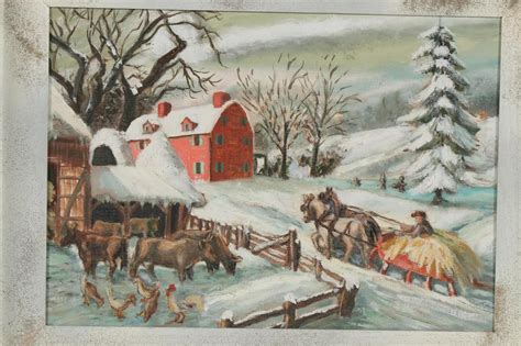 Folk Art Oil Paintings of Winter Farm Scenes, Mid-20th Century | EBTH