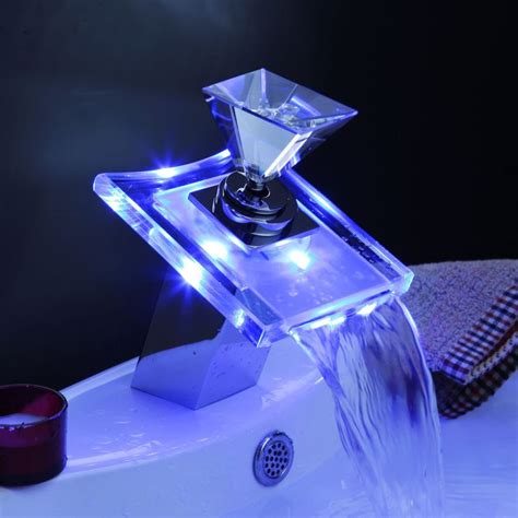 Moonlight Color Changing LED Waterfall Bathroom Basin Sink Glass Top Faucet