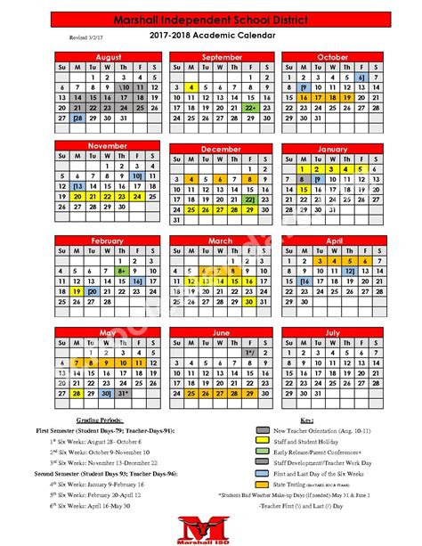 2017 - 2018 School Calendar | Marshall Independent School District ...