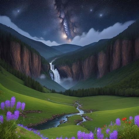 Premium AI Image | Mountain valley with waterfall