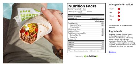 Nutrition Information For Taco Bell Bean Burrito - Burrito Walls