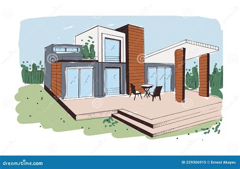 Modern House Exterior Design from Glass, Concrete and Wood. Sketch of ...