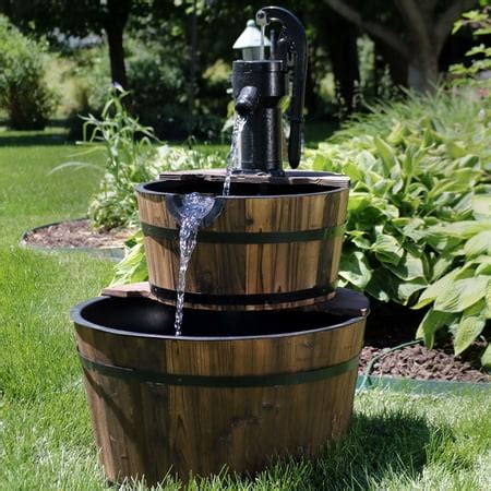 Sunnydaze 2-Tier Wood Barrel Water Fountain with Hand Pump, Outdoor Patio and Garden Waterfall ...