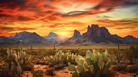 Wild West Texas Desert Landscape with Sunset with Mountains and Cacti ...