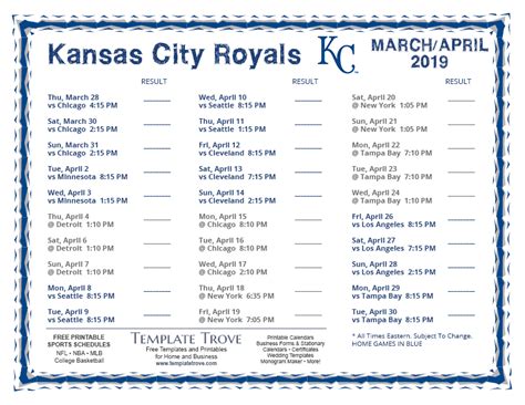 Printable 2019 Kansas City Royals Schedule