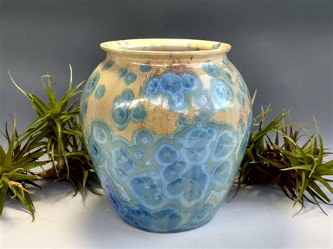 Ceramic Vase Crystalline Glaze Pottery Handmade Gift, Blue Brown Bedroom Bathroom Kitchen, 6 tall