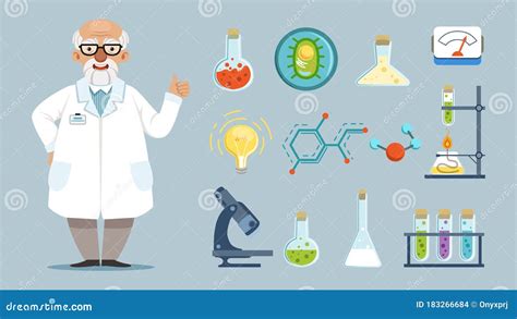 Cartoon Scientist. Elements of Chemical Laboratory, Equipment, Microscope and Beakers Stock ...