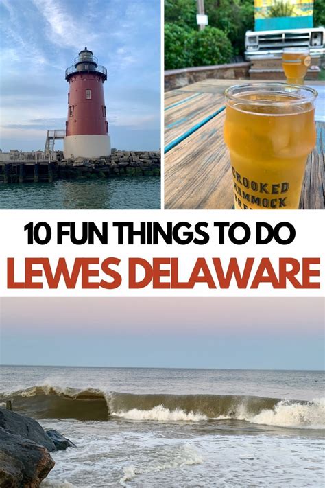 Three photo collage with a lighthouse, glass of beer and waves crashing on the beach. Lewes ...