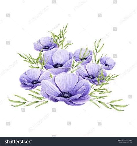 Watercolor Bouquet Anemones Sprigs Eucalyptus Isolated Stock ...