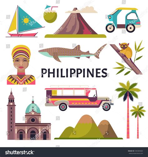 Philippines icons set. Vector collection of Philippine culture and nature images, including Fort ...