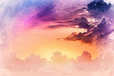 Premium AI Image | A painting of a sunset with a purple sky and clouds