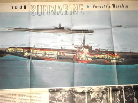 WWII GIANT POSTER Usa Submarine Cross Section Map Japan Newsmap Japan Wwii 1944 £229.31 ...