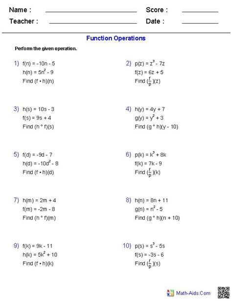 Algebra 2 Functions Worksheets