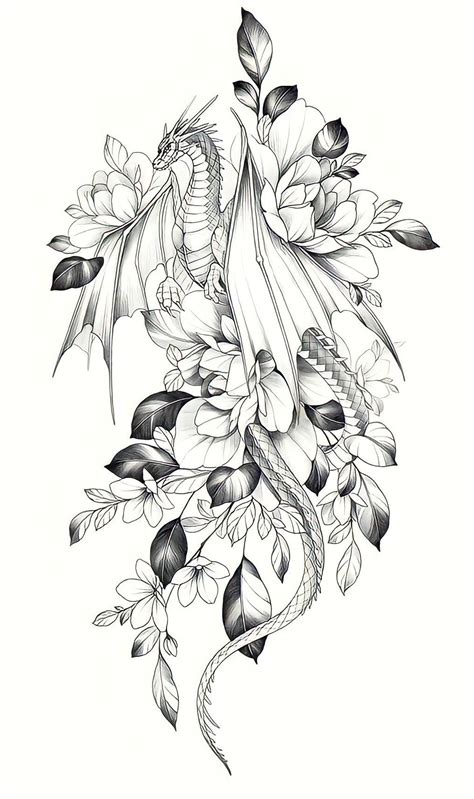 Dragon Tattoo With Flowers, Dragon Tattoo With Wings, Dragon Thigh Tattoo, Dragon Tattoo For ...