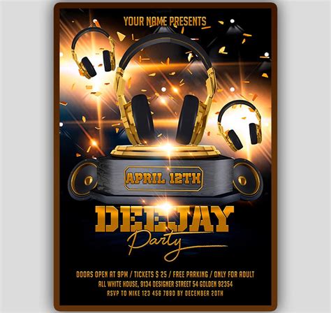 DJ Party Flyer, Guest DJ Night Invitation, Gold DJ Birthday Party Flyer ...