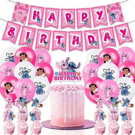 Pink Angel Stich Party Decorations Supplies Happy Birthday Balloons for ...