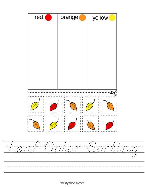 Leaf Color Sorting Worksheet - D'Nealian - Twisty Noodle