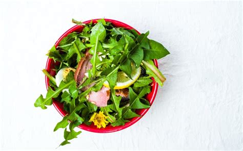 Dandelion Salad with Eggs Meat and Lemon in a Bowl Stock Photo - Image of plant, leaf: 114486414