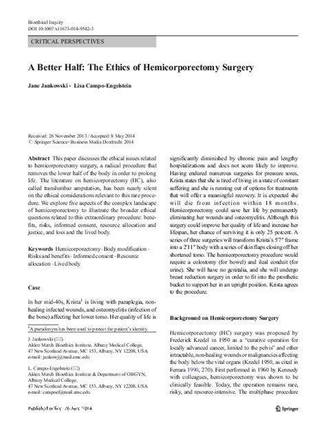 (PDF) A Better Half: The Ethics of Hemicorporectomy Surgery | Lisa ...