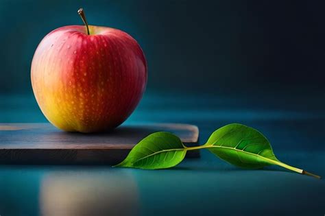 Premium Photo | A red apple with a green leaf and a green leaf.