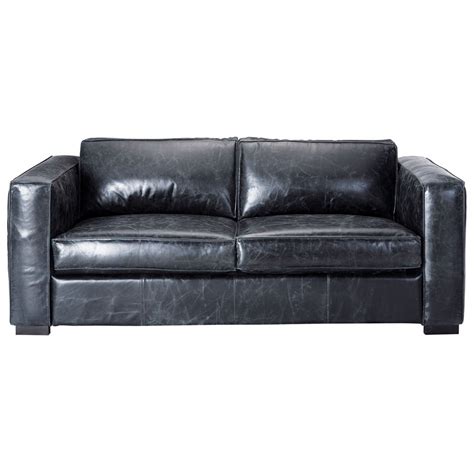 3 seater leather sofa bed in black Berlin | Maisons du Monde