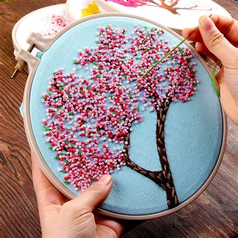 Hand Embroidery Kit Beginner, Floral Embroidery Pattern Cherry Blossom Tree, Hoop Embroidery ...