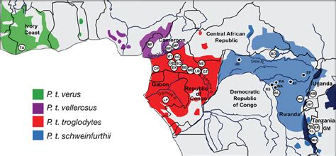 Location of wild chimpanzee study sites. Field sites are shown in ...