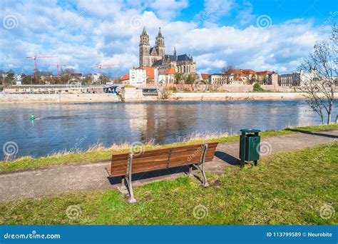 View of Magdeburg Cathedral and Elbe River from a Bench, Magdeburg ...