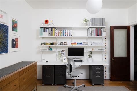 Eclectic White Home Office with Modular Wall Storage - Transitional ...