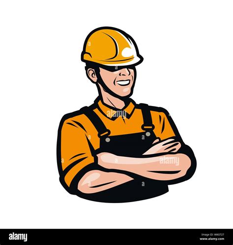 Builder or worker in construction helmet. Repair, fix, industry logo ...