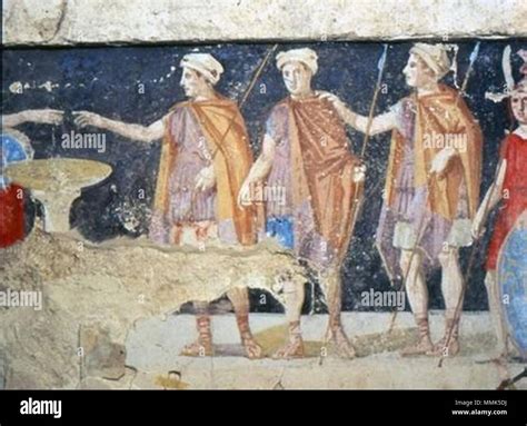 . English: An ancient Macedonian fresco depicting soldiers armed with spears, from the tomb of ...