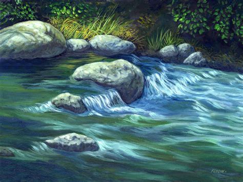 Stream, Flowing Water, Realism, Oil Painting, River, Nature, Water, Rocks, Peaceful, Gift Decor ...