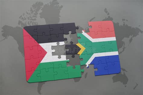 puzzle with the national flag of palestine and south africa on a world map