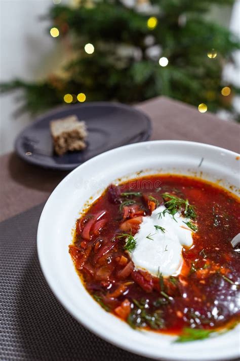 Cooked Red Borsch with Sour Cream in a White Plate Stock Image - Image ...