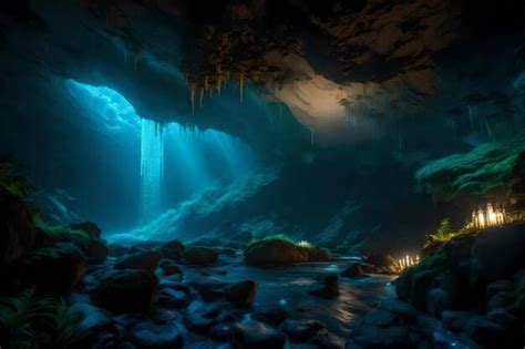 Premium AI Image | A cave with a waterfall and a cave with a light inside.