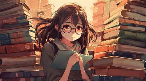 Anime Girl Reading Some Books With Glasses Background, Books Profile ...