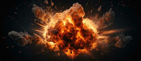 Realistic explosion of a bomb with fire sparks and smoke on a black ...