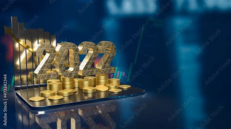 The 2022 gold text business chart and gold coins on tablet 3d rendering ...