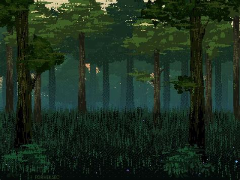 Evening in the coniferous forest by Forheksed | Pixel art landscape, Pixel art, Pixel art background