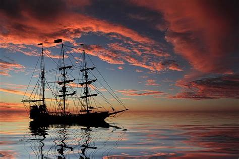 Pirate Ship at Sunset by Shane Bechler | Ship silhouette, Pirate ship drawing, Ship paintings