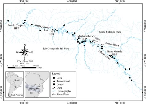 Sampling-site locations along the Upper Uruguay River basin. Dam ...